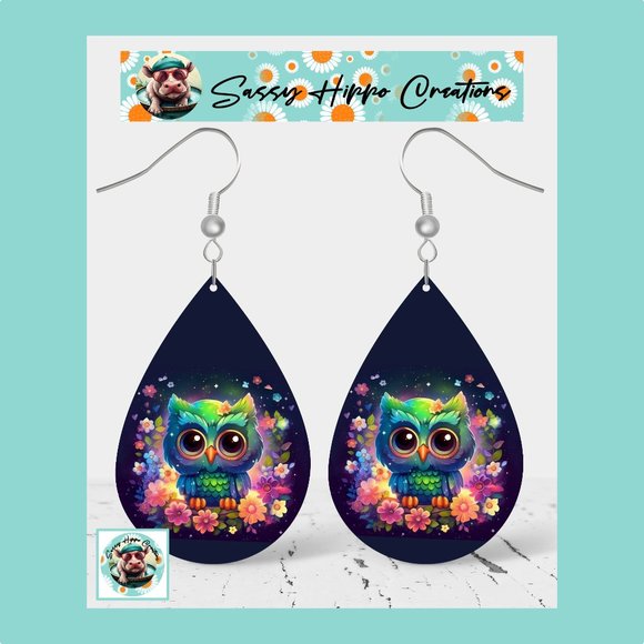 Earrings Neon Owl Colorful Flowers Hand Sublimated Printed on MDF with Hook Back - Picture 1 of 4